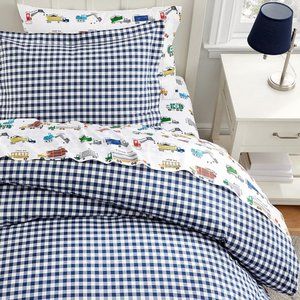 Pottery Barn Kids. Navy blue checked duvet cover and shams